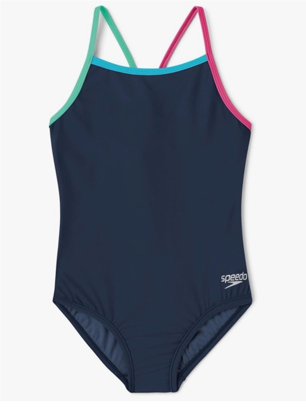 Speedo Navy Girls' One-Piece Swimsuit with Pink & Teal Straps